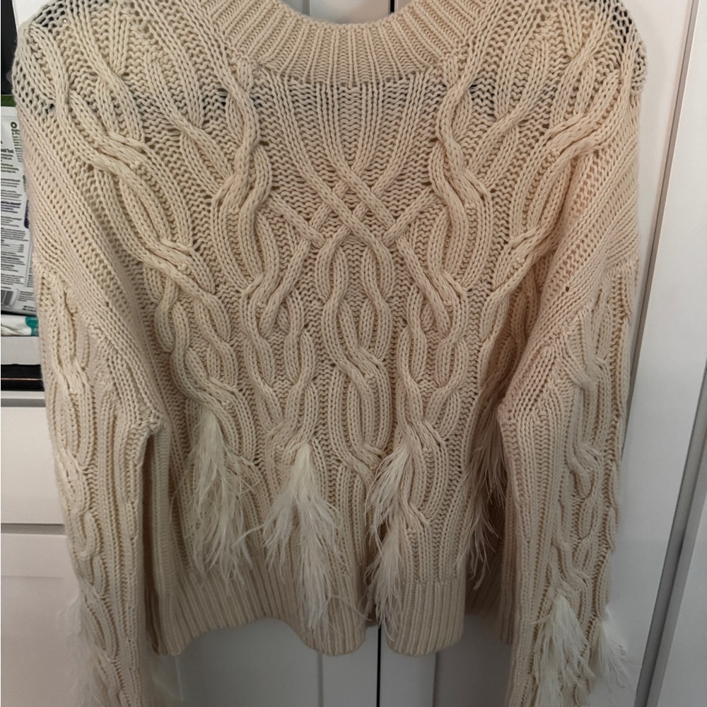 Vince Cream Cable Knit Sweater with Feather Details
